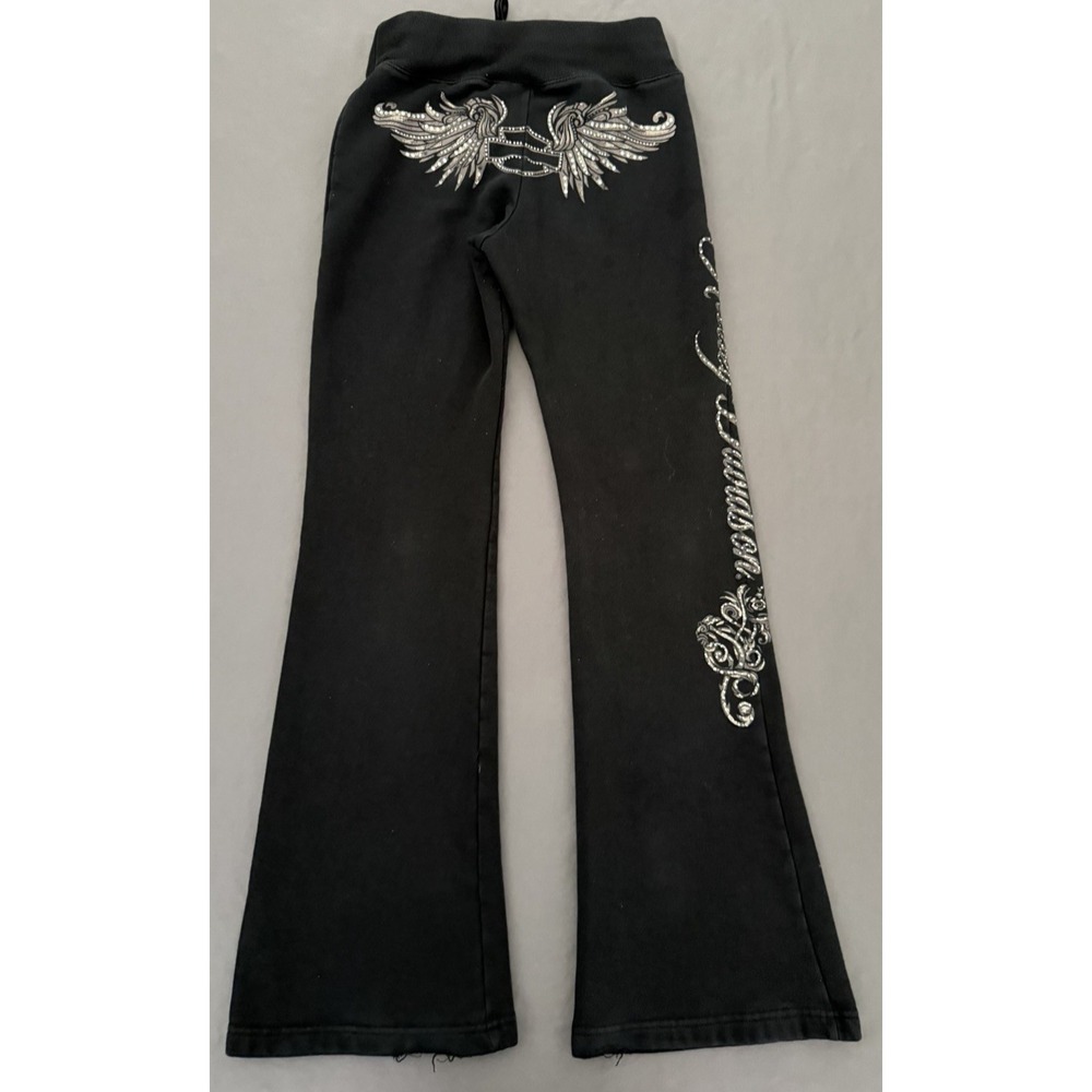Harley-Davidson Sweatpants Womens Small Black Flare Lounge Graphic Y2K 2000s - Picture 10 of 16